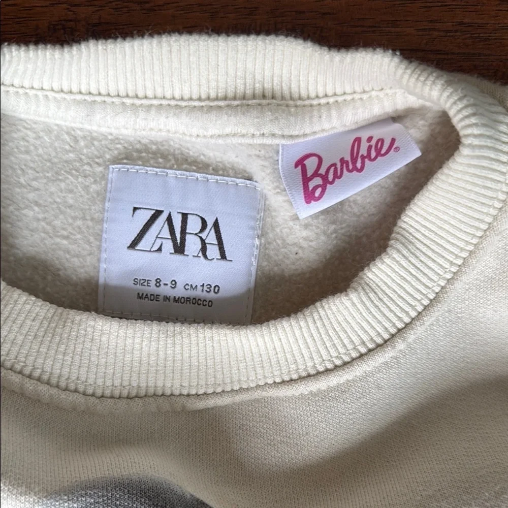 Zara Barbie Kids White Graphic Sweater with gold sequins, size 8 girls